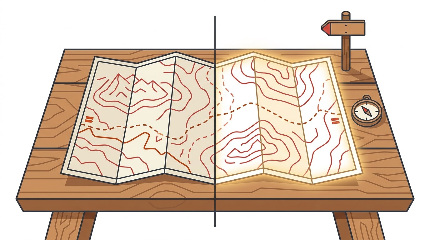Illustration d’une carte de randonnée dépliée sur une table, avec une boussole.